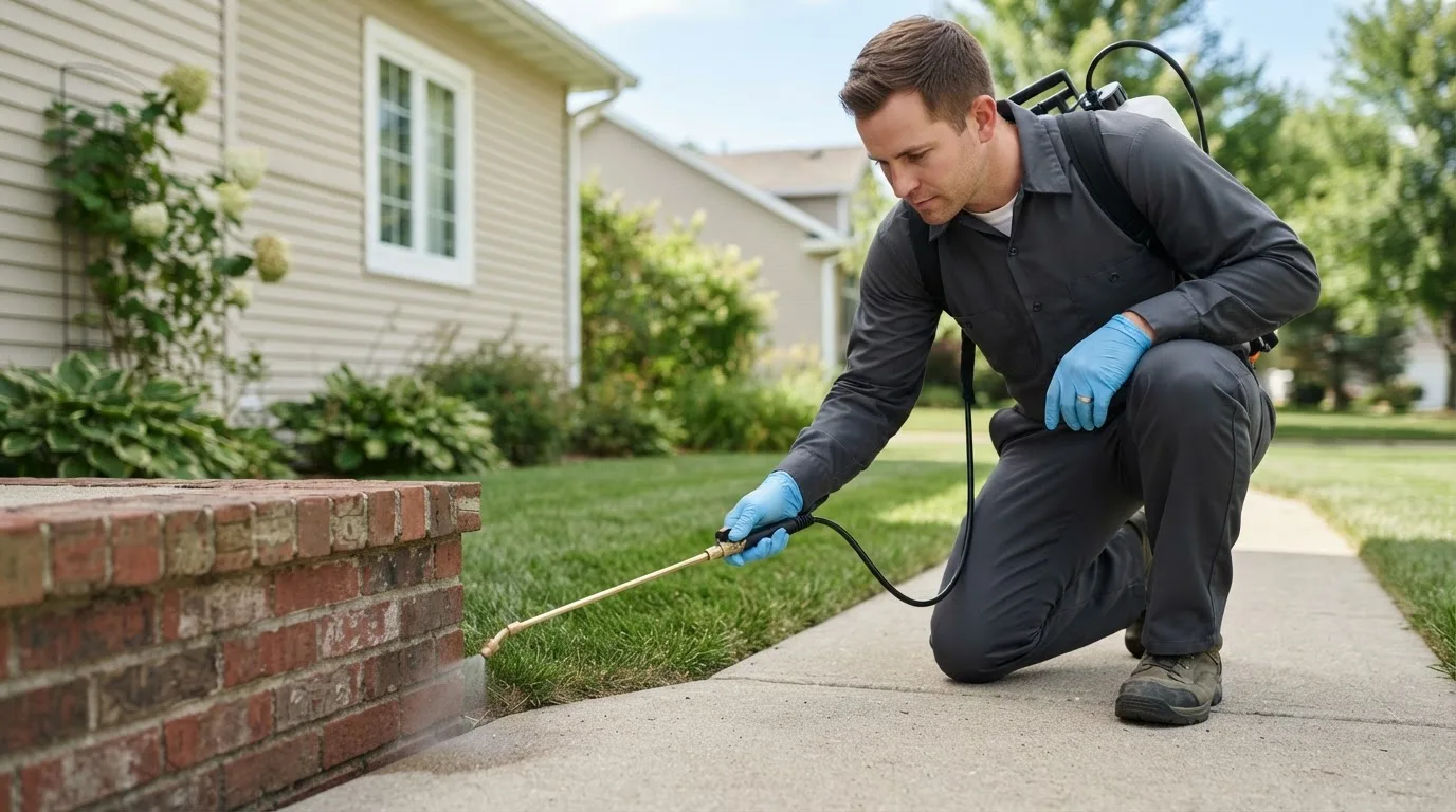 Pest control technician treating a home near Hilliard, OH