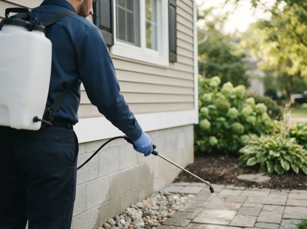Pest control technician inspecting a home in Hilliard, OH